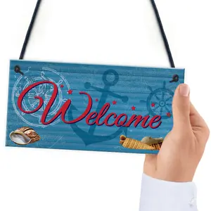 Red Ocean Welcome Nautical Seaside Marine Themed Home Gift Hanging Plaque Bedroom Bathroom Boat Sign