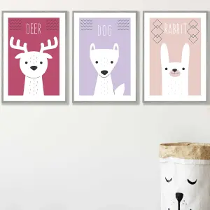 Set of 3 Scandi Nursery Forest Animals Pink Lilac Wall Art Prints / 42x59cm (A2) / Light Grey Frame