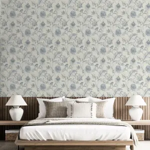 Holden Cecelia Floral Jacobean Style Metallic Vinyl Textured Blue Dove Wallpaper