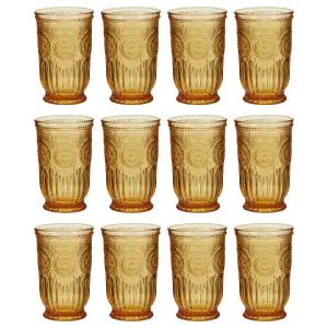 Set of 12 Luxury Embossed Yellow Tall Drinking Glass Tumblers 330ml