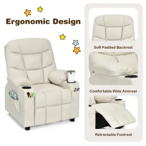 COSTWAY Kids Single Sofa Chair PU Leather Children Armchair Recliner with Cup Holders