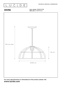 Lucide Dikra Modern Pendant Light 40cm - 1xE27 - Black