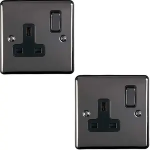 2 PACK 1 Gang Single UK Plug Socket BLACK NICKEL 13A Switched Power Outlet