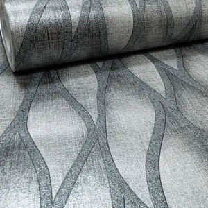 Gravity Charcoal Black Waves Silver Glitter Embossed Textured Vinyl Wallpaper