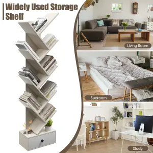 Costway 10 Tiers Tree Shaped Bookshelf Display Bookcase Storage Rack Shelves with Drawer