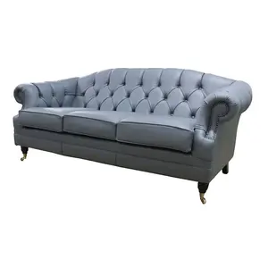 Chesterfield Handmade 3 Seater Sofa Settee Shelly Piping Grey Leather In Victoria Style