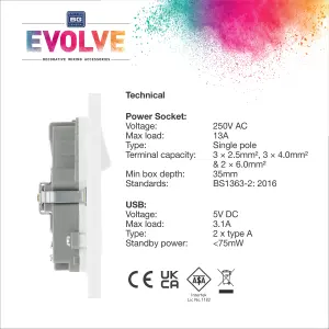 BG Evolve Brushed Steel Double Switched 13A Power Socket + 2 X USB (3.1A)