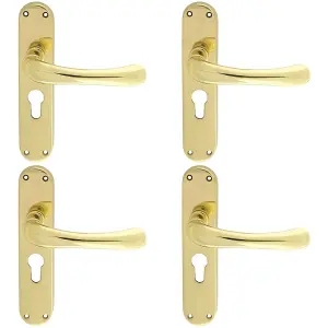 4 PACK - Rounded Smooth Latch & EURO Lock Door Handle - Polished Brass Lever on Backplate