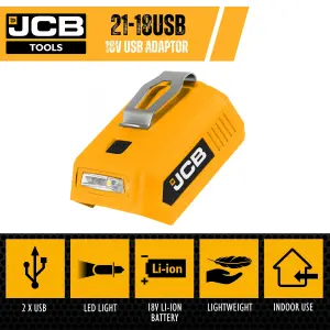 JCB 18USB 18V USB Adaptor 2 x USB Port Battery Charger + LED Light - Bare