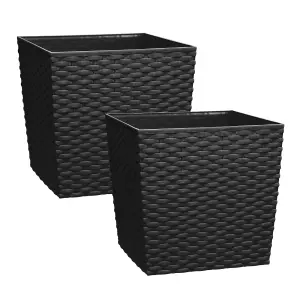 simpa 2PC Black 10L Cubie Rattan Plastic Planters - 22cm (H) x 22cm (W) x 22cm (D)