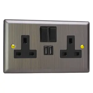 Varilight 2-Gang 13A Single Pole Switched Socket + 2x5V DC 2100mA USB Charging Ports  Antique Brass