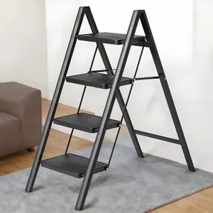 Black 4 Step Ladder Folding Metal Non Slip Stool Heavy Duty Carbon Steel