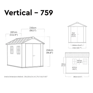 Keter Newton Plus Vertical 9x7.5 ft Apex Grey Plastic 2 door Shed with floor & 2 windows (Base included)