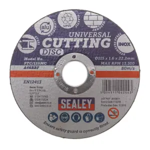 Sealey Multipurpose Cutting Disc 115 x 1.6mm 22.2mm Bore Universal PTC/115MC