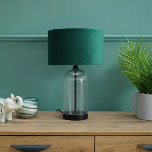 ValueLights Jessy Glass and Black Metal Bedside Table Lamp with a Forest Green Velvet Lampshade