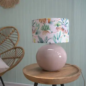 ValueLights Bosco Stone Natural Ceramic Table Lamp with Tropical Print Drum Shade - LED Bulb Included