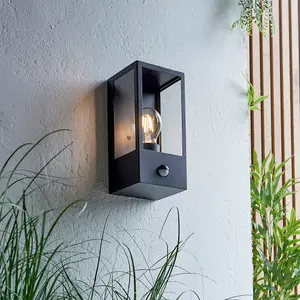 Matt Black Outdoor Wall Light & PIR Sensor - Rectangular Lantern - Clear Glass