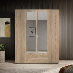 Elegant KARL 4-Door Wardrobe with Mirror W1592mm H1960mm D535mm - Oak Sonoma, Spacious Storage, Modern Design