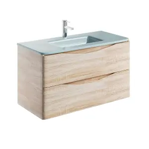 Eden 900mm Wall Hung Vanity Unit in Light Oak & White Glass Basin