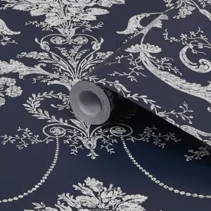 Laura Ashley Josette Midnight Damask Smooth Wallpaper