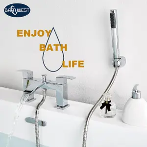 BATHWEST Square Waterfall Bath Taps with Shower Bath Mixer Taps with Shower Chrome Solid Brass Bathroom Sink Taps