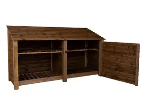 Wooden tool and log store, garden storage with shelf W-227cm, H-126, D-88cm - brown finish