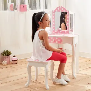 Teamson Kids Dressing Table, Play Vanity Set with Mirror & Stool - Pink/White/Polka Dots