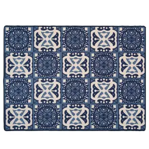 Blue Mosaic Tile Non Slip Washable Kitchen Utility Mat 120x160cm