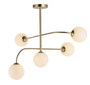 Semi Flush Ceiling Light Satin Brass Plate & Opal Glass 5 x 3W LED G9