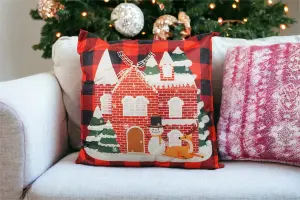 Xmas Haus Christmas Themed Cushion Snowy House with Snowman and Deer Red/Black Linen