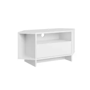 Decortie Modern Viva Corner TV Unit Shelf up to 40 Inch TVs Push to Open Storage Cabinet, 3 Open Shelf 95.7(W)cm White