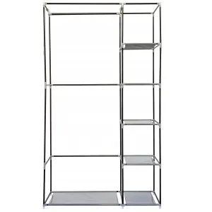 Single Grey Fabric Canvas Wardrobe With Hanging Rail Shelving Clothes Storage