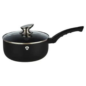 BLAUMANN 20x8.5cm Saucepan with Glass Lid 2.4L Matt Black Cookware Frying Grill Pots Pan Saucepan Casserole Soft Touch Handle Lid