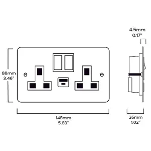 SYLVIE Double USB / USB-C Plug Socket - Brass (Black Insert)