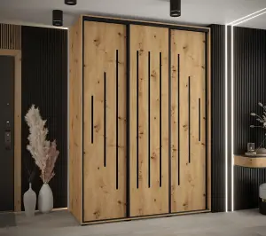 Rustic Oak Artisan Sliding Wardrobe H2050mm W1800mm D600mm with Customisable Black Steel Handles