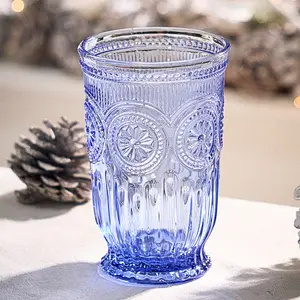 Set of 2 Luxury Embossed Blue Tall Drinking Glass Tumblers 330ml