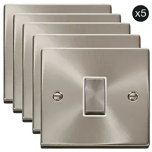 5 PACK - Satin / Brushed Chrome 10A 1 Gang 2 Way Ingot Light Switch - White Trim - SE Home