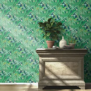 Rasch Lush Garden Green Navy Wallpaper Floral Leaves Paste The Wall Contemporary