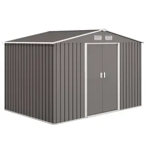 Outsunny 9 x 6FT Galvanised Garden Storage Shed with Sliding Door, Grey