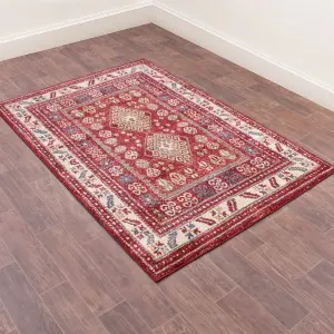 Red Traditional Bordered Persian Geometric Rug Easy to clean Dining Room-80cm X 150cm