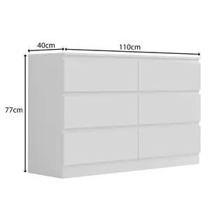 Carlton 6 Drawer Double Dresser - 3+3 Configuration, Scratch-Resistant, Handleless Design, Matte Finish. 12cm Deep Drawers Matt White