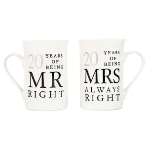 Ivory White 20th Anniversary Mr Right & Mrs Always Right Ceramic Mug Gift Set