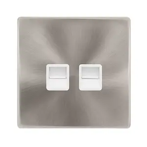 Brushed Steel Screwless Plate Master Telephone Twin Socket - White Trim - SE Home