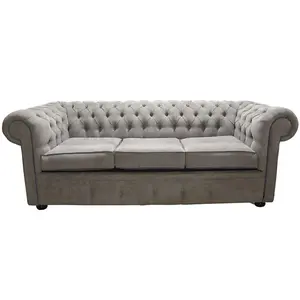 Chesterfield 3 Seater Sofa Kimora Grey With Blue Piping Fabric In Classic Style