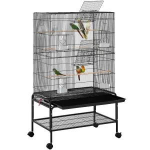 Yaheetech Rolling Metal Parrot Cage with 3 Perches - Black