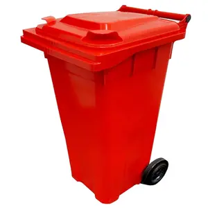 Large 140 Litre Red Coloured Outdoor Council Wheelie Bins Complete With Lid And Wheels