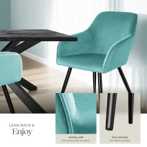 Chair Marilyn - with armrests, padded, velvet look, black steel legs - turquoise/black