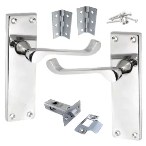 Door Handles Victorian Scroll Lever Latch - Chrome Pack Hinges 150 x 40mm