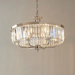 Bright Nickel Ceiling Chandelier Light - Clear Cut Glass 6 Bulb Pendant Fitting