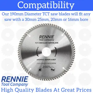 190mm x 80T TCT Circular Wood Saw Blade. Fits Bosch Makita Ryobi Dewalt Circular Saws Etc